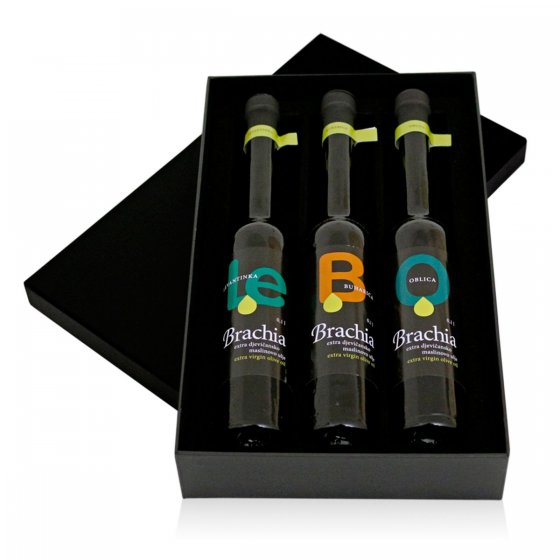 3 sortenreine Olivenöle 1 x Brachia Levantinka 0,1 L, 1 x Brachia Buharica 0,1 L und 1 x Brachia Oblica 0,1 L